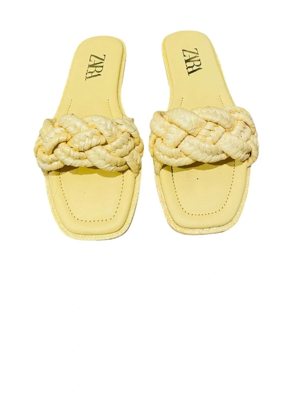 ZARA Pale Yellow Braided Flat Slide Sandals | Square Toe - Picture 2 of 2